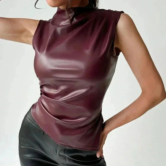 Wine Red Preppy Women's Motorcycle Solid PU Asymmetric Ruched Waist Tank Top - Picture 1 of 5